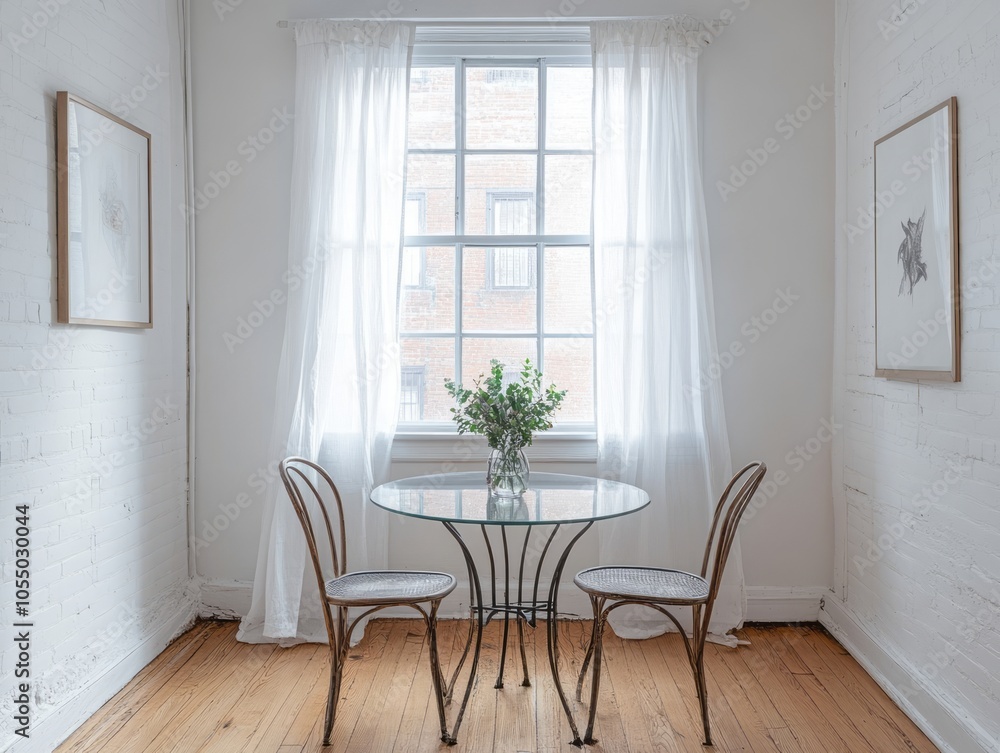 Fototapeta premium Simple dining room with white walls, a small glass table, and metal chairs