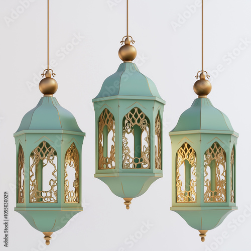 3D cartoon Ramadan lanterns hanging, in green color, with a white background
