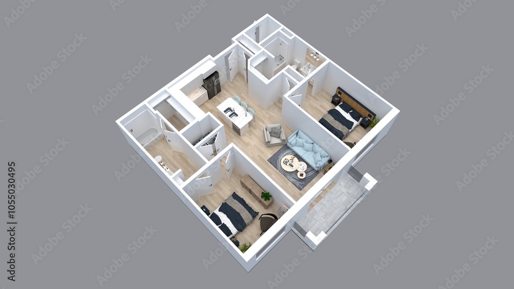 3D Floor plan of a 2 bedroom home, 3D illustration. Open concept living apartment layout 3D Floor plan of a 2 bedroom home, 3D illustration. Open concept living apartment layout