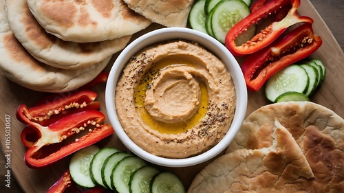 A Beautifully Crafted Bowl of Hummus Accompanied by a Vibrant Array of Fresh Vegetables Perfect for Healthy Snacks or Appetizers photo