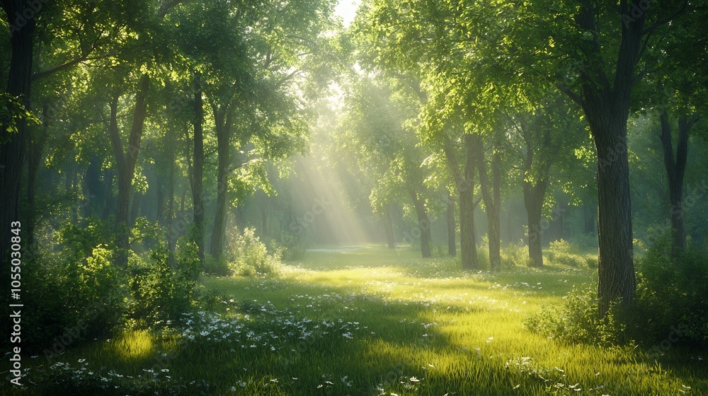 Sunbeams through a Misty Green Forest Sunbeams through a Misty Green Forest