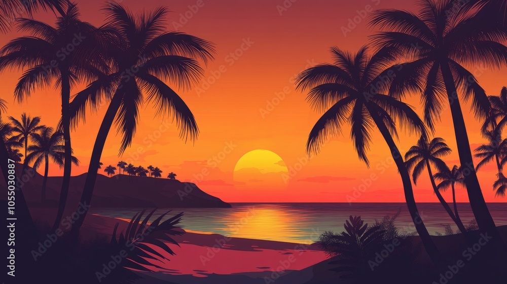 Silhouetted palm trees line a serene beach as the sun sets in a gradient of orange and red, creating a tranquil tropical scene. Silhouetted palm trees line a serene beach as the sun sets in a gradient of orange and red, creating a tranquil tropical scene.