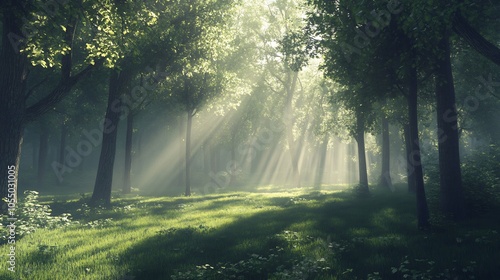 Sunlight Illuminating a Misty Forest