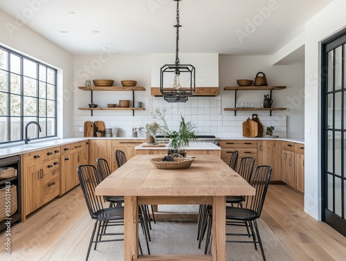 Small dining room and kitchen with a light wooden dining table and black metal chairs