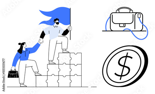 Team members assisting each other on puzzle blocks with flag, briefcase, and coin with dollar symbol. Ideal for business growth, teamwork, leadership, finance, investment, partnership, and support