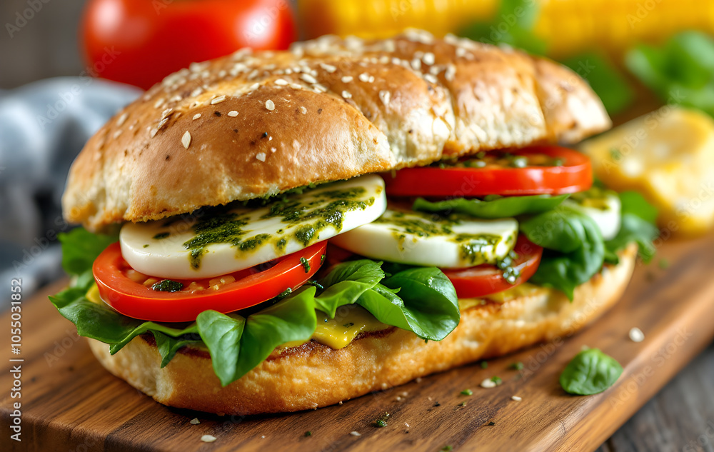 Close-up image of a vegetarian sandwich with tomato, egg, vegetable, and cheese Close-up image of a vegetarian sandwich with tomato, egg, vegetable, and cheese