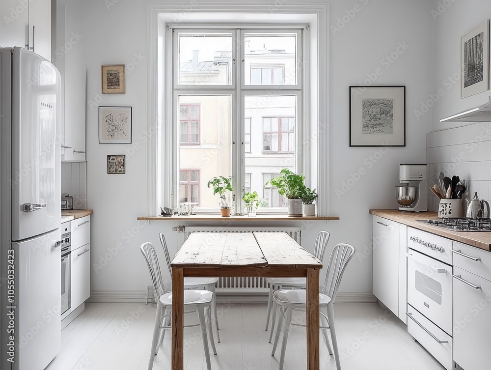 Small dining room with white walls, a slim wooden table, and white metal chairs Small dining room with white walls, a slim wooden table, and white metal chairs