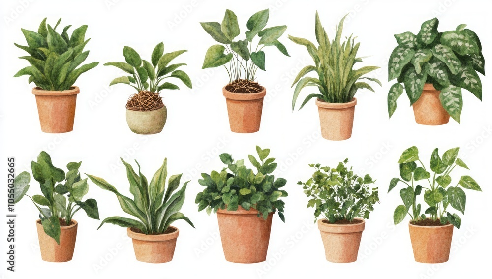 Fototapeta premium Watercolor Houseplants in Terracotta Pots