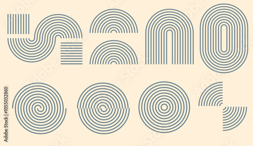 Simple geometric lines stroke shapes vector neutral graphic modern boho style design, set of minimalist linear arch half circles abstract elements image clip art retro spiral swirl twist figures
