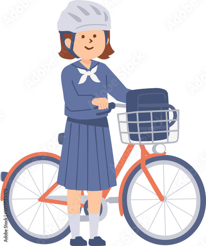 自転車とヘルメットをかぶった学生のイラスト