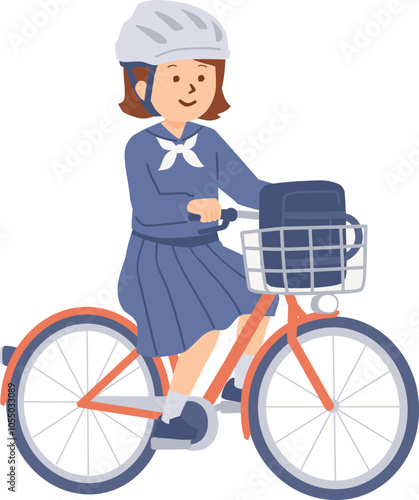 ヘルメットをかぶって自転車で通学する学生のイラスト
