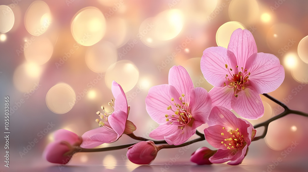 A tight shot of a pink blossom on a branch against a backdrop of softly blurred lights The midground features an equally blurred cluster of pink blooms A tight shot of a pink blossom on a branch against a backdrop of softly blurred lights The midground features an equally blurred cluster of pink blooms