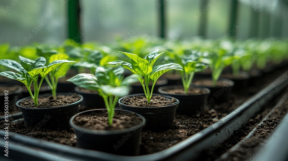 A greenhouse filled with young pepper plants in small pots, thriving in rich soil. A greenhouse filled with young pepper plants in small pots, thriving in rich soil.