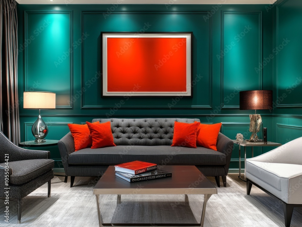 Teal walls combined with bold lighting and sleek modern furniture for a stylish, contemporary family room Teal walls combined with bold lighting and sleek modern furniture for a stylish, contemporary family room