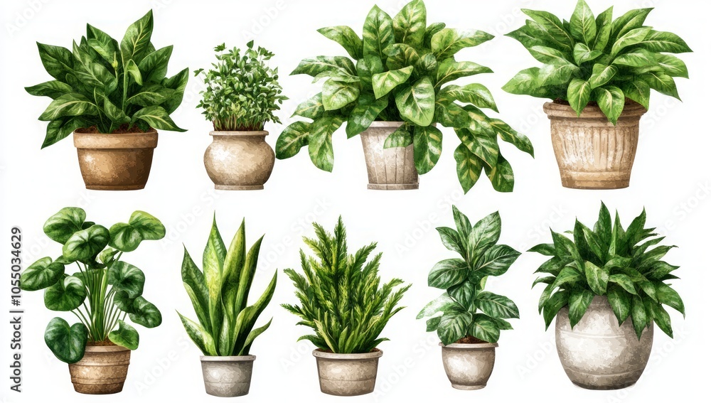 Fototapeta premium Watercolor Houseplants in Pots