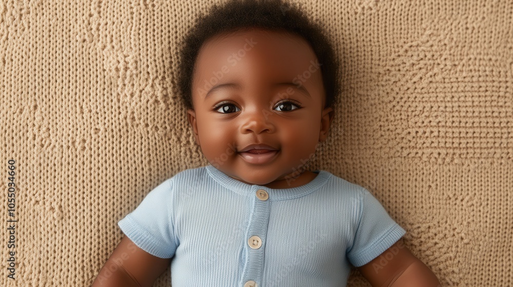 A joyful baby lounges comfortably in a stylish romper, surrounded by soft lighting and textures A joyful baby lounges comfortably in a stylish romper, surrounded by soft lighting and textures