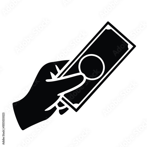 Minimalist hand holding money bill icon, black silhouette of human hand giving cash banknote, flat vector illustration of financial payment transaction, currency exchange and banking symbol