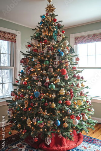 A large, decorated Christmas tree in a living room