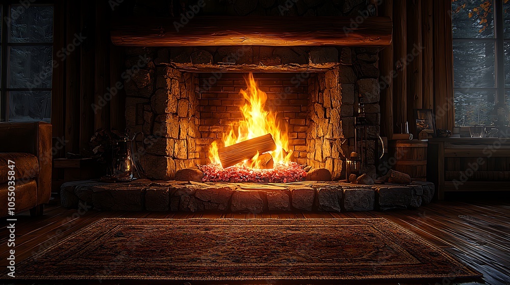 Cozy fireplace with warm flames and a rug in front. Cozy fireplace with warm flames and a rug in front.