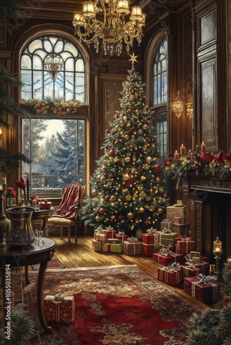 Wallpaper Mural A Christmas tree in a room with a fireplace, chairs, and a table Torontodigital.ca