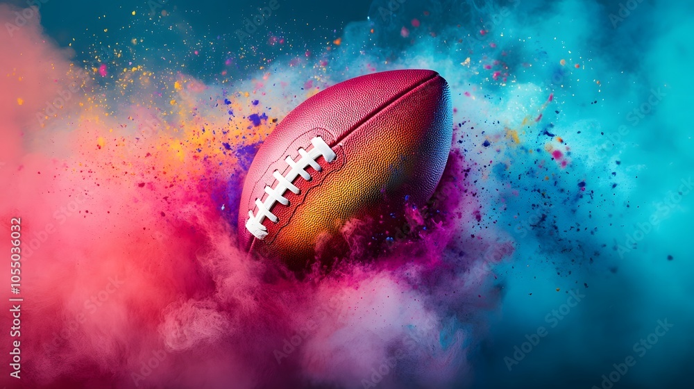 The ball is speeding of american football with colorful dust effect