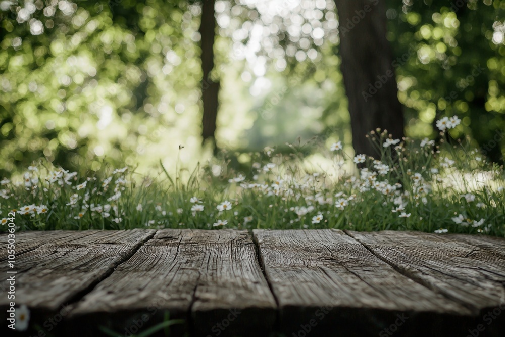 Close-up of an old wooden table with a blurred green forest in the background. Nature concept. Summertime, spring nature with a blooming wild flower meadow and trees Close-up of an old wooden table with a blurred green forest in the background. Nature concept. Summertime, spring nature with a blooming wild flower meadow and trees