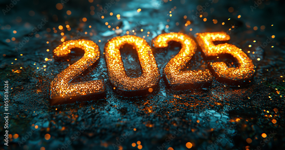 Sparkling 2025 with glitter and light reflections against festive background. New Year 2025 Sparkling 2025 with glitter and light reflections against festive background. New Year 2025