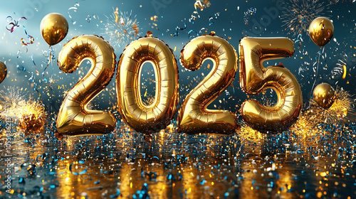 Sparkling 2025 golden balloons, with glitter a against festive background. New Year 2025
