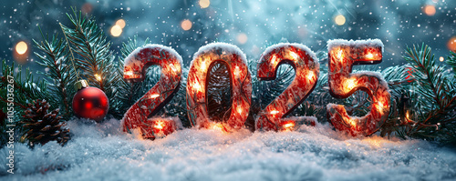 Sparkling 2025 with snow, glitter and light reflections against festive bokeh background. New Year 2025