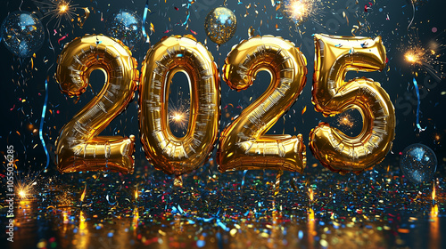 Sparkling 2025 golden balloons, with glitter a against festive background. New Year 2025