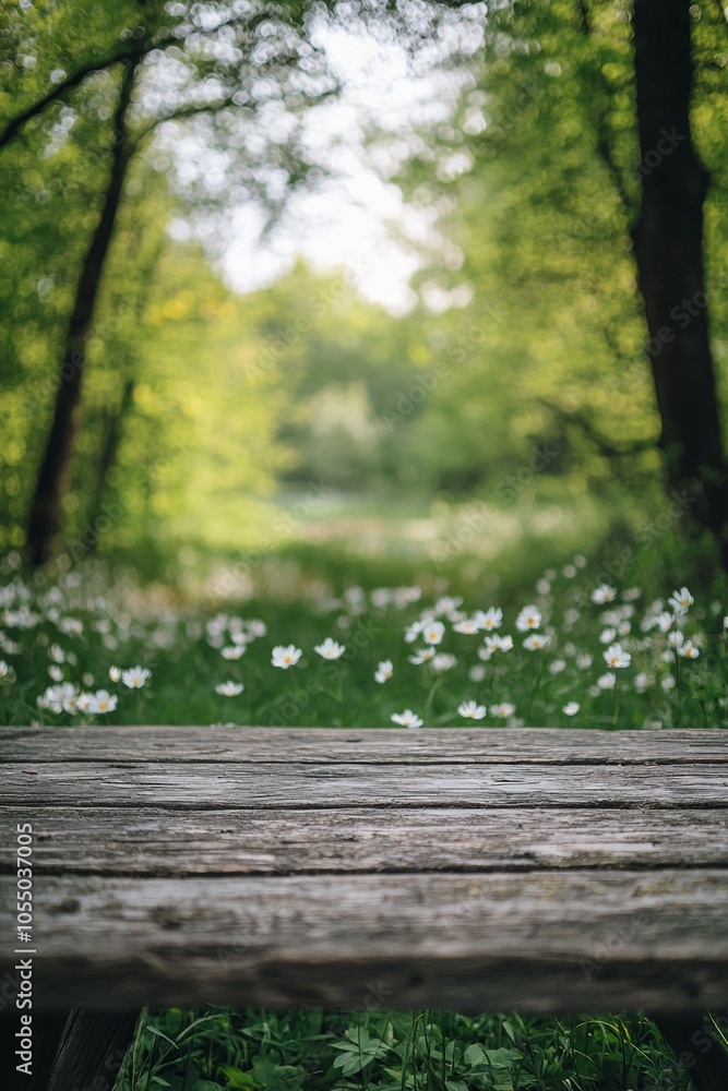 Close-up of an old wooden table with a blurred green forest in the background. Nature concept. Summertime, spring nature with a blooming wild flower meadow and trees Close-up of an old wooden table with a blurred green forest in the background. Nature concept. Summertime, spring nature with a blooming wild flower meadow and trees