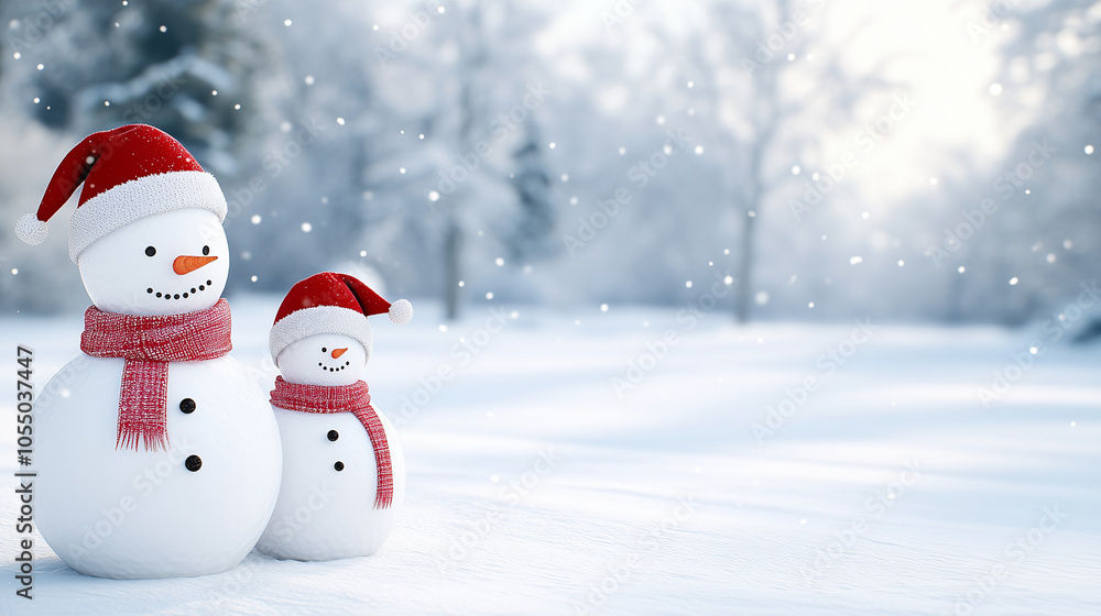 A snowy outdoor scene with a family building a snowman, wearing Santa hats and scarves. A snowy outdoor scene with a family building a snowman, wearing Santa hats and scarves.