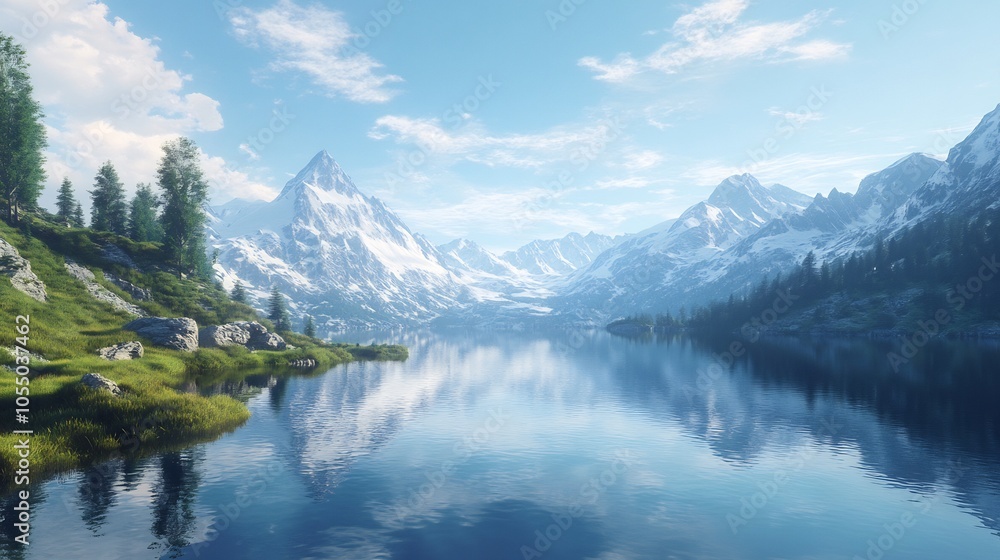 Serene Mountain Lake with Snow-Capped Peaks Serene Mountain Lake with Snow-Capped Peaks