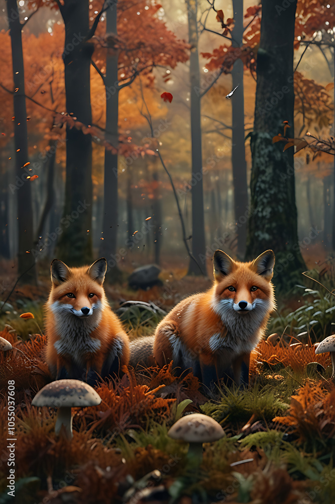 Fototapeta premium a group of foxes sitting in a forest clearing, all looking forward with attentive expressions, surrounded by autumn foliage and mushrooms