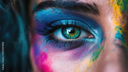 Woman with vibrant, colorful eye makeup in shades of blue, purple, and green.