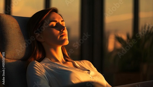 A serene moment captured as a woman relaxes in warm sunset light, enjoying peaceful solitude in a cozy indoor setting. photo