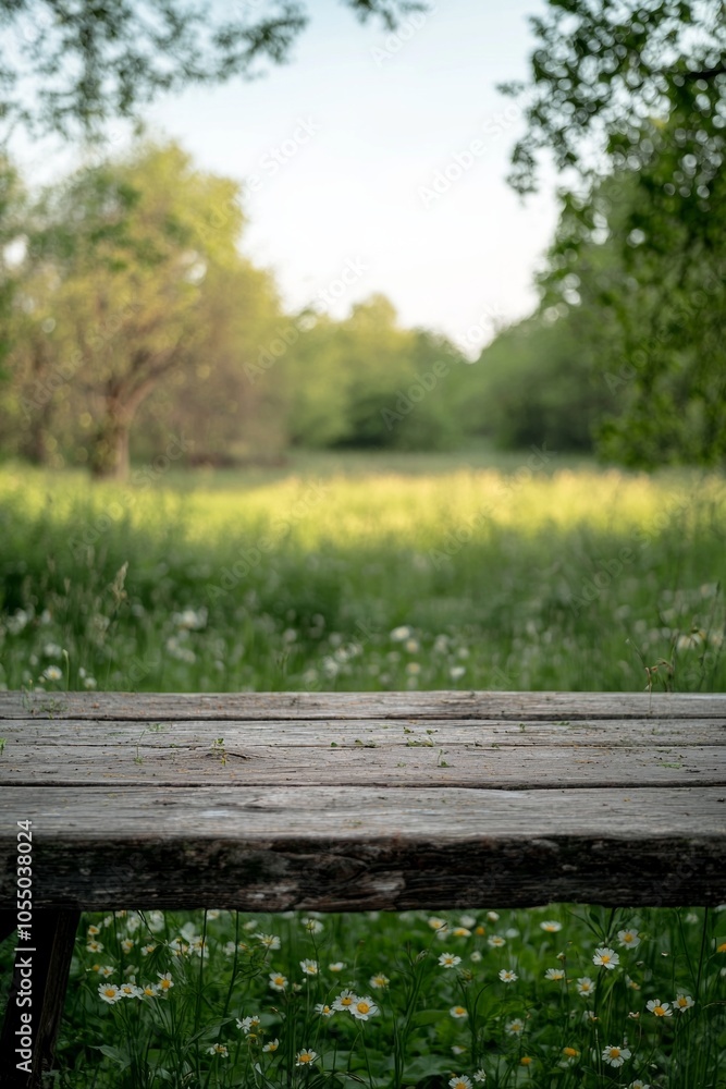 Close-up of an old wooden table with a blurred green forest in the background. Nature concept. Summertime, spring nature with a blooming wild flower meadow and trees Close-up of an old wooden table with a blurred green forest in the background. Nature concept. Summertime, spring nature with a blooming wild flower meadow and trees