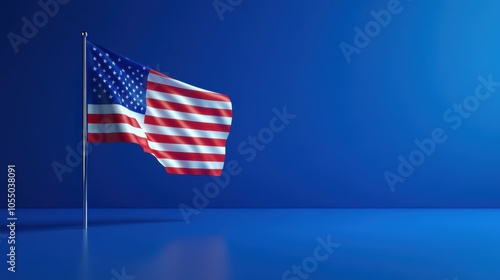 3D rendering of American flag waving on blue background