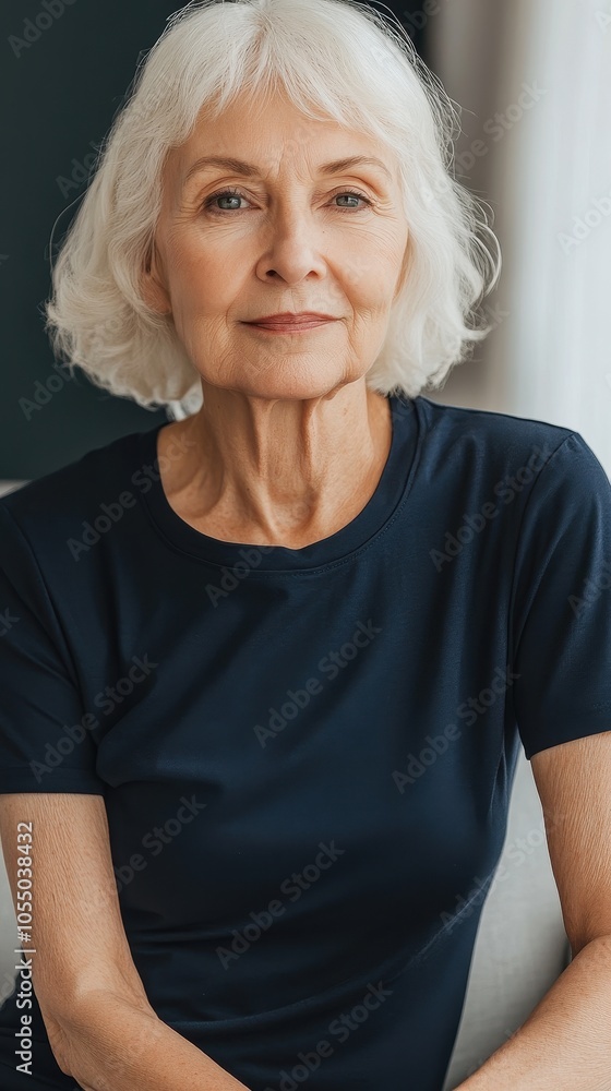 An older individual wears a navy T-shirt while seated in a cozy indoor space An older individual wears a navy T-shirt while seated in a cozy indoor space