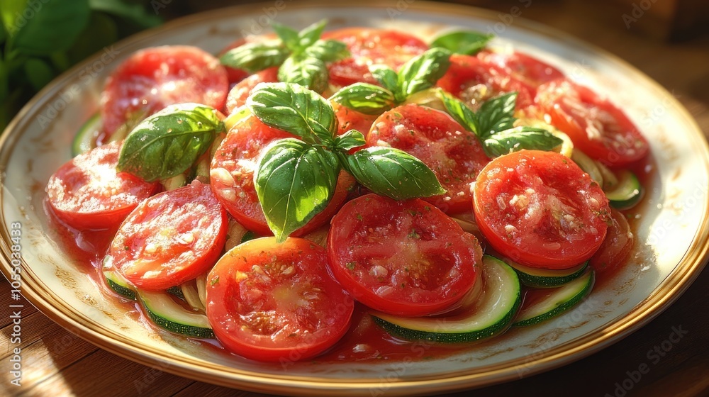 A vibrant salad of sliced tomatoes and zucchini garnished with basil. A vibrant salad of sliced tomatoes and zucchini garnished with basil.
