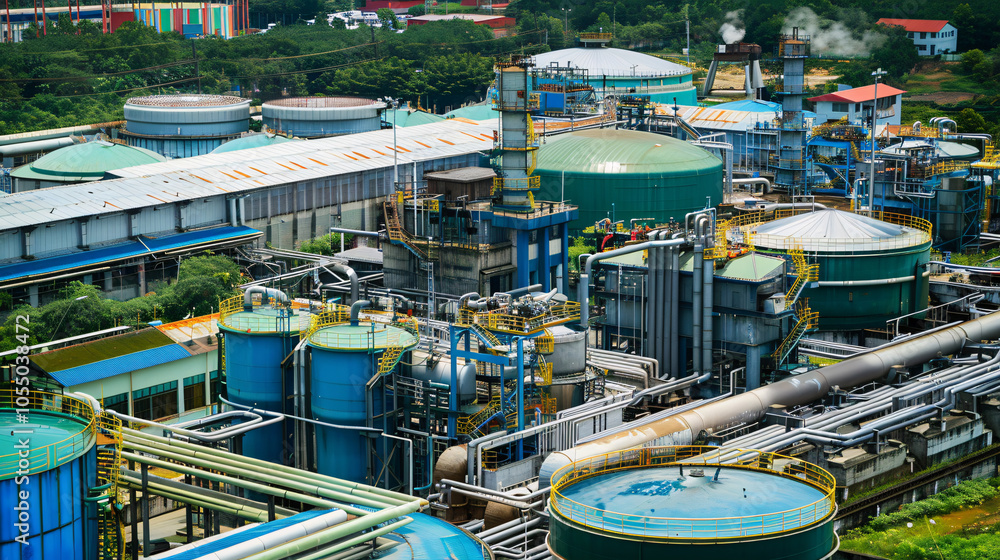 Daytime view of an industrial chemical plant with large storage tanks, interconnected pipes, and green surroundings, emphasizing industrial processing Daytime view of an industrial chemical plant with large storage tanks, interconnected pipes, and green surroundings, emphasizing industrial processing