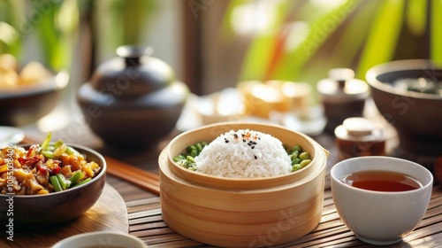 Asian Breakfast with Steamed Rice and Hot Tea on Table