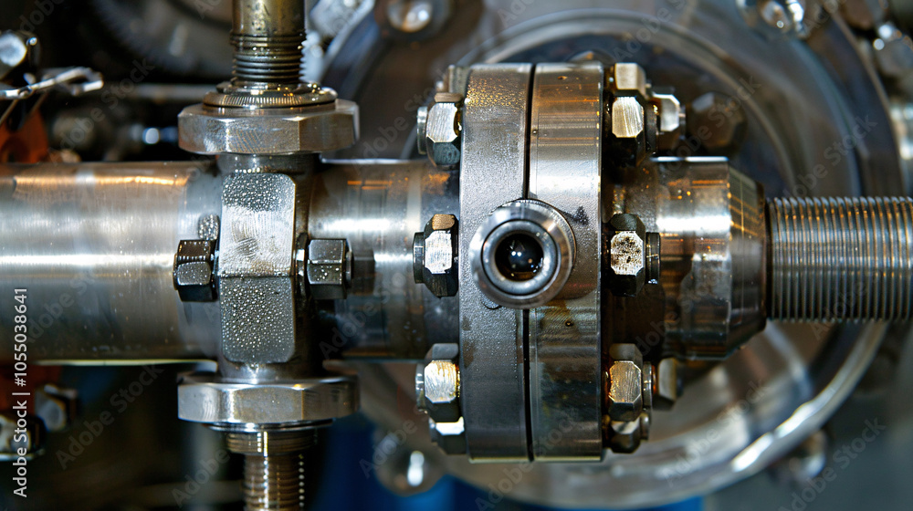Detailed view of a heavy-duty metal pipe connection with bolts and fasteners, highlighting industrial engineering and mechanical components Detailed view of a heavy-duty metal pipe connection with bolts and fasteners, highlighting industrial engineering and mechanical components