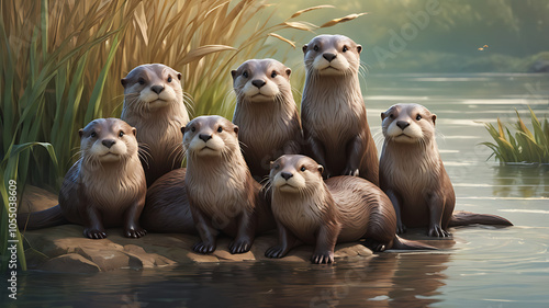 Gentle scene of a family of otters standing together on a riverbank, all looking forward with playful expressions, set against flowing water and reeds.