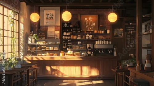 A cozy Korean caf in the city, with warm lighting, traditional ceramics, and desserts.