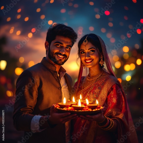 ndian couple making flower Rangoli on Diwali or Onam Festival, taking selfie or holding sweets photo