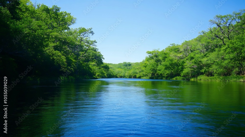 Tranquil River Scene With Lush Green Foliage Tranquil River Scene With Lush Green Foliage