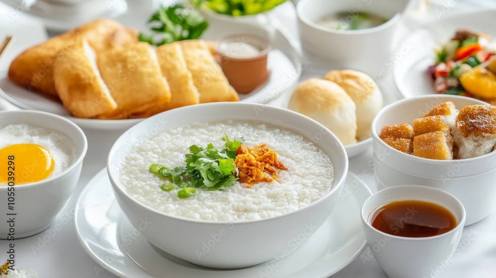 Bright Asian Breakfast Table with Congee and Dishes Bright Asian Breakfast Table with Congee and Dishes