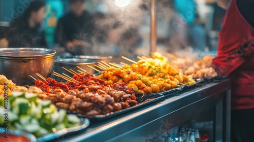 A Korean street food cart selling spicy rice cakes and skewers in a busy market.