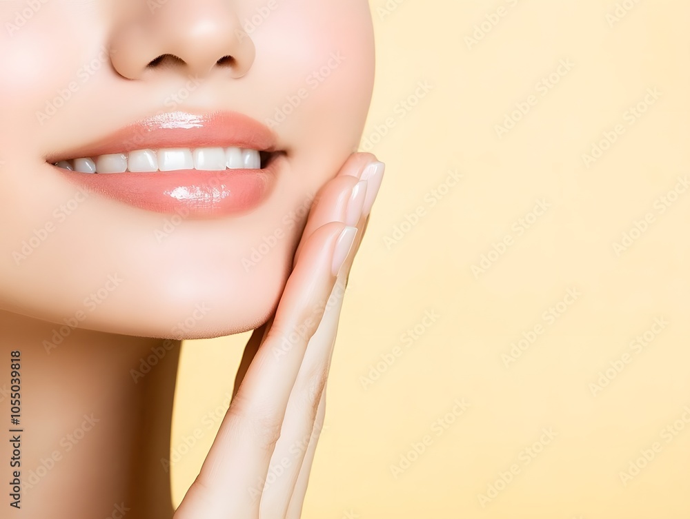 Fototapeta premium A close-up of a smiling woman with radiant skin, gently touching her face against a soft yellow background, exuding beauty and confidence.